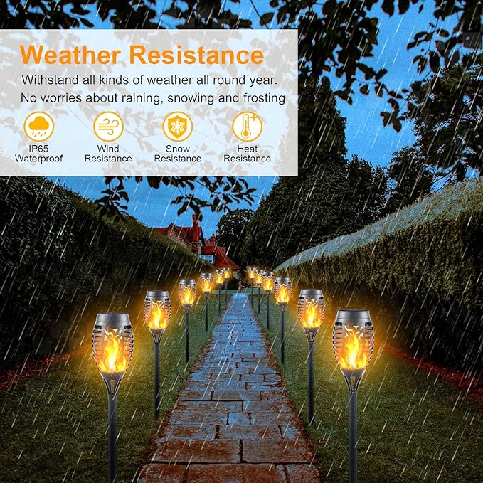 Mini Solar Torch Lights with Flickering Flame - Waterproof Outdoor Tiki Torches with 12LED Auto On/Off, Super Bright Landscape Lighting for Garden, Yard, Patio & Pathway Decor (16 Pack)