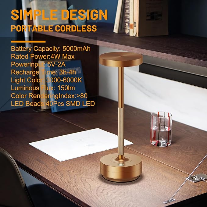 SAKRINGT 2 Pack Rechargeable Cordless Table Lamp - Battery Operated LED Portable Table Light with 3 Color Stepless Dimming, Memory Function - IP54 Waterproof for Outdoor, Restaurant, Patio, Camping