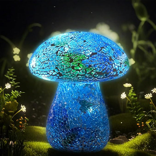 Mosaic Mushroom Garden Lights - Table Lamp Outdoor Decor Waterproof Night Light Lawn Decor Statue for Patio, Party, Yard (Blue)