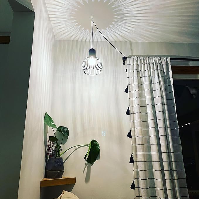 Industrial Wire Cage Plug in Pendant Light 14.27 Ft Hanging Light Cord with On/Off Switch,Vintage Black Metal Hanging Lamp Fixture