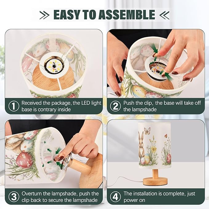 Watercolor Easter Bunny Butterfly Egg Floral Table Lamp with Wood Base Fabric Lamp Shade Bedside Nightstand Desk Lamp for Living Room Bedroom Kids Room Office