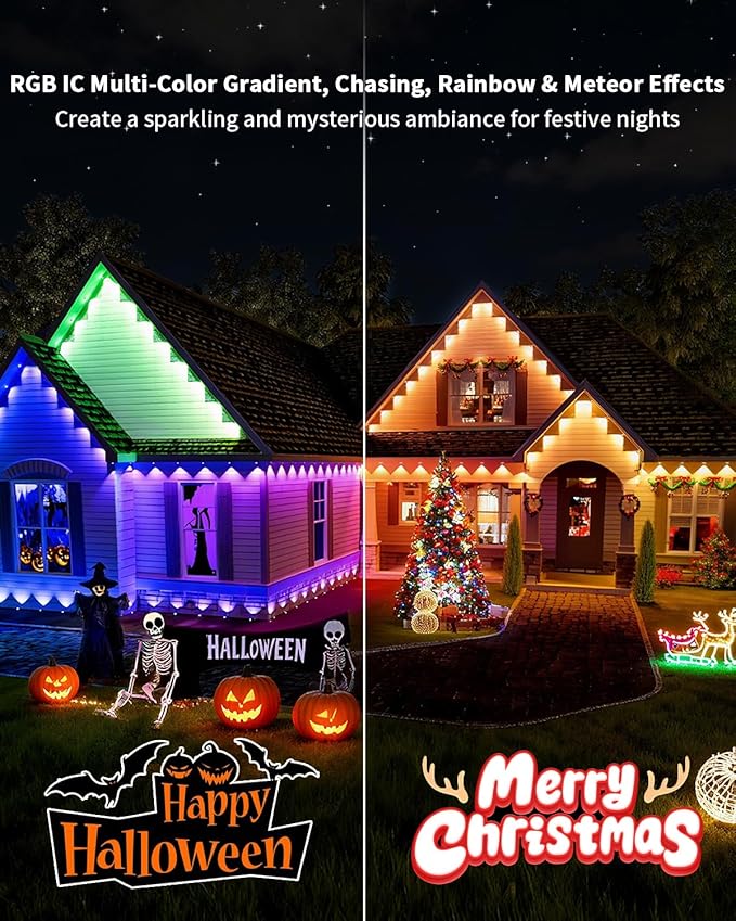 Permanent Outdoor Lights Pro,300ft RGB+IC Smart Outdoor Decor,App/Remote,Christmas,Halloween,Multi Scene Modes,IP67 Waterproof,Eaves Light with Daily & Holiday Party Decor,House Roof Lighting