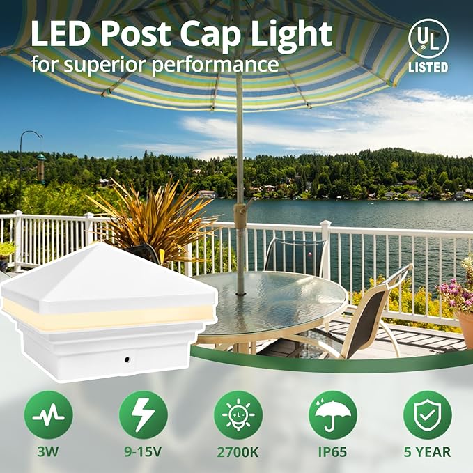 GKOLED Low Voltage Pyramid Post Cap Light, 3W 12V AC/DC, for 4"x4" and 3.5"x3.5" Wood or Vinyl Posts, 2700K Warm White, IP65 Rated Waterproof for Outdoor, White