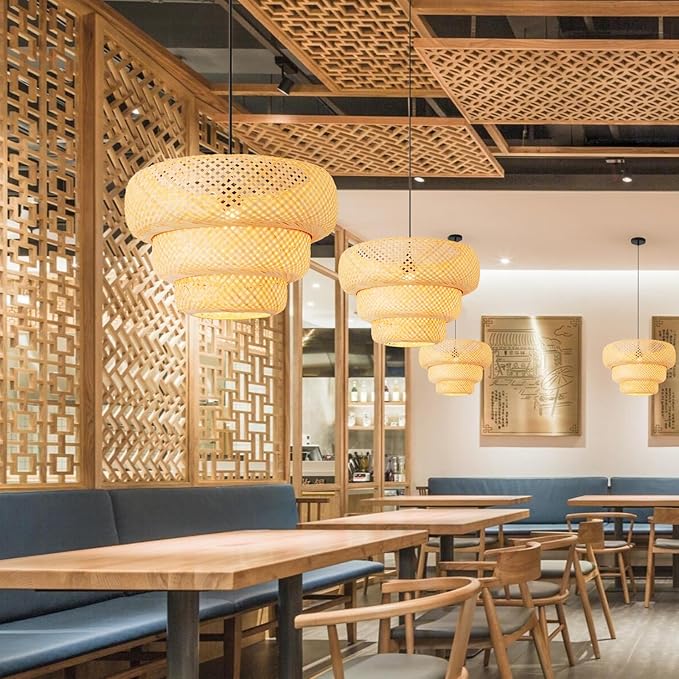 Bamboo Pendant Light,18.5" Boho Rattan Hanging Light 3-Tier Hand Woven Wicker Chandelier for Kitchen Island for Kitchen Island Dining Bedroom Living Room Restaurants