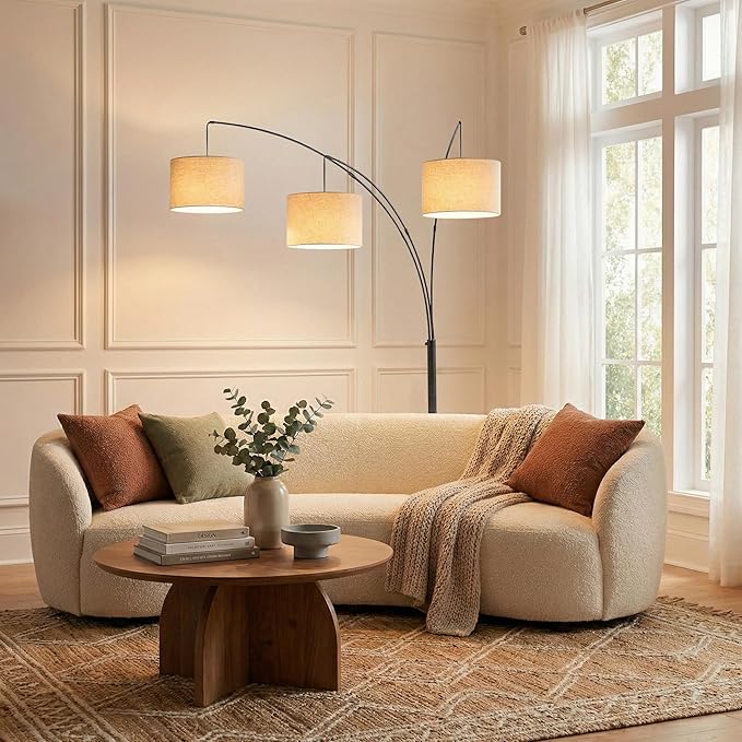 Brightech Trilage Arc Floor Lamp - Large Standing Lamp with 3 Fabric Shades & LED Bulbs for Living Room Over The Sofa, Reading, Multi-Head Traditional Tree Floor Lamp for Bedroom - Black