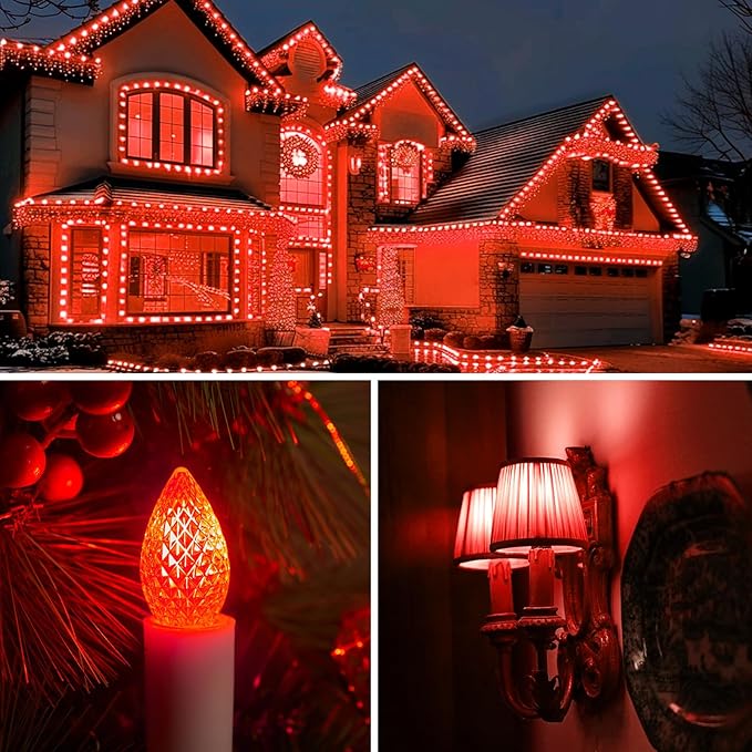 Minetom 25 Pack C7 Led Christmas Lights Bulb, Shatterproof Led Bulb for Outdoor String Lights, E12 Base, Commercial Grade Red Bulbs