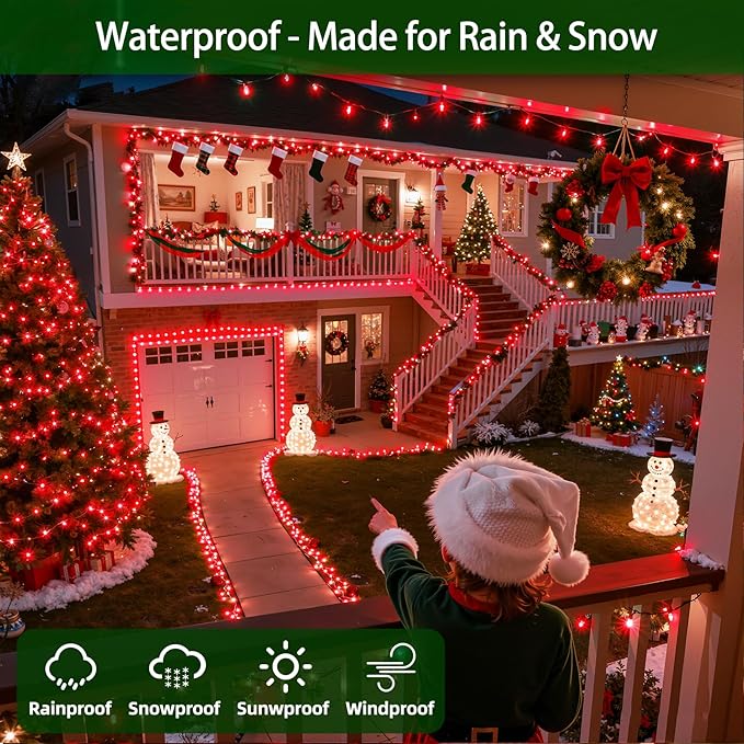 300LED Christmas Lights Outdoor Indoor Use, 12 Lighting Modes 75ft Christmas Tree Lights with Timer, Dimmable Plug in Red LED StringLights Waterproof for Yard Tree Wedding Party Holiday Red