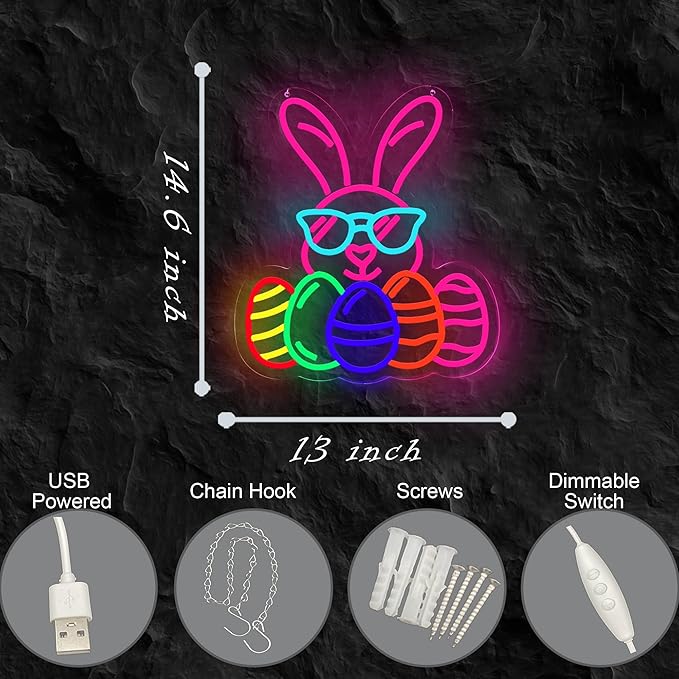 Easter Bunny Neon Signs for Wall Decor, LED Rabbit Egg Neon Light Signs, Gifts for Church, Kids Room Wall Decor Easter Decorations