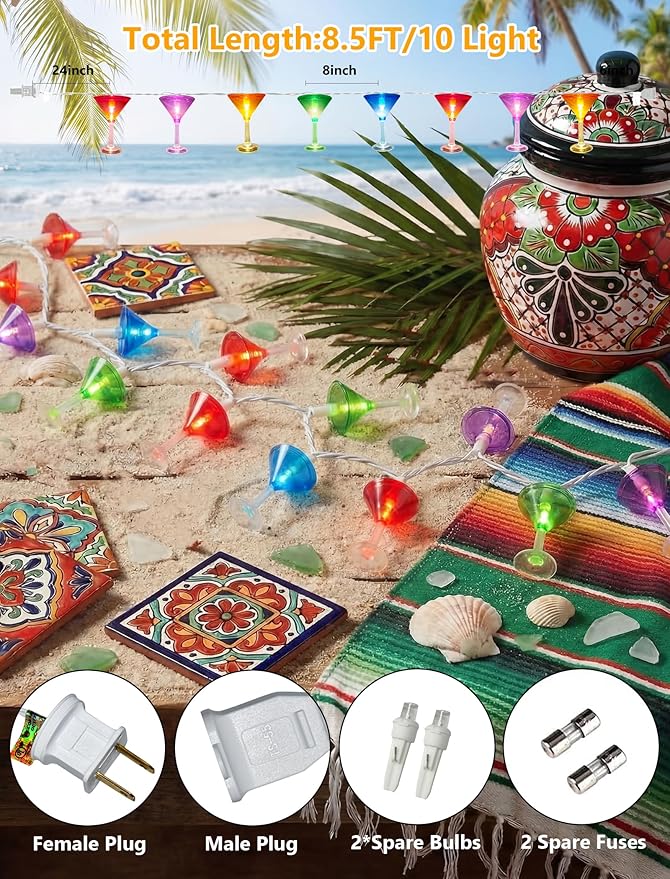 LED Cocktail Glass String Lights, 8.5Ft Tropical Beach Themed Margarita Drink String Lights Plug in with 10 Multicolor Cup, Summer Hawaiian Lights for Camping Tent Holiday Party Garden Outdoor Decor