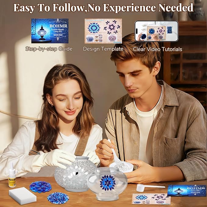 DIY Turkish Mosaic Lamp Kit, Stained Glass Table Lamp Making Kit- Easy and Fun, No Experience Needed, Mosaic Art & Craft Project Kits for Adults & Teens, Make Your Own Table Lamp,White