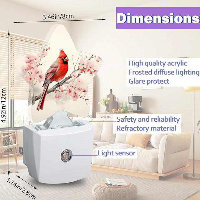 Cardinal Bird Night Lights Plug Into Wall,Spring Peach Blossoom Flowers Dusk to Dawn Light Sensor Night Light for Kids, Energy Efficient Sleep Friendly Lamp for Bedroom Bathroom Nursery