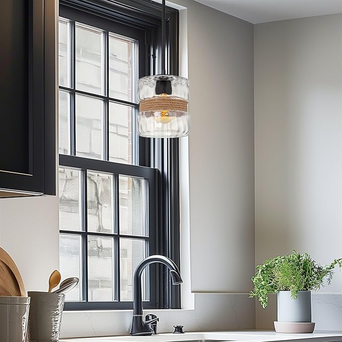 Kira Home Sage 10" Modern Pendant Light + Hammered Glass Shade, Textured Black Finish