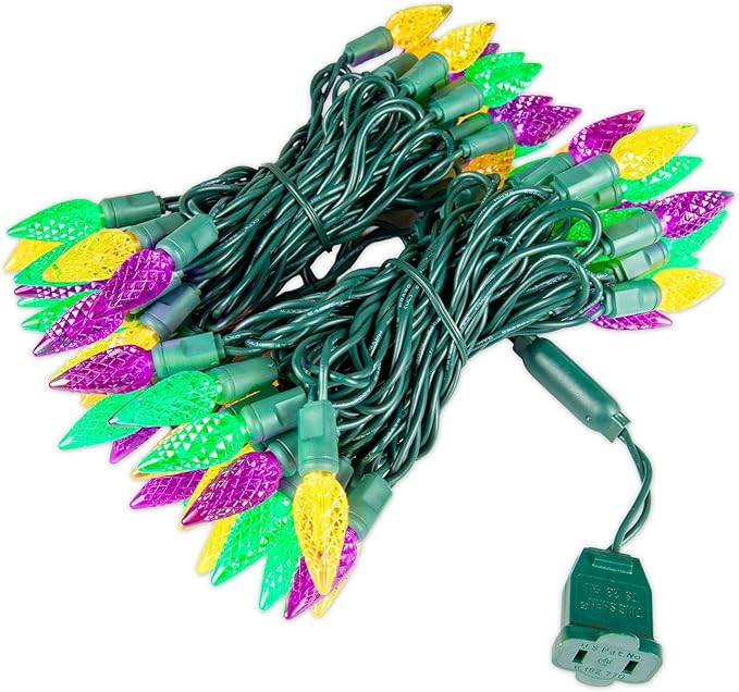 70 Light 24Ft Mardi Gras Lights Commercial String Lights C6 LED Strawberry Faceted Bulb – Yellow/Purple/Green, Green Wire, Indoor/Outdoor, Full Wave No Flicker, Connect 43 Sets
