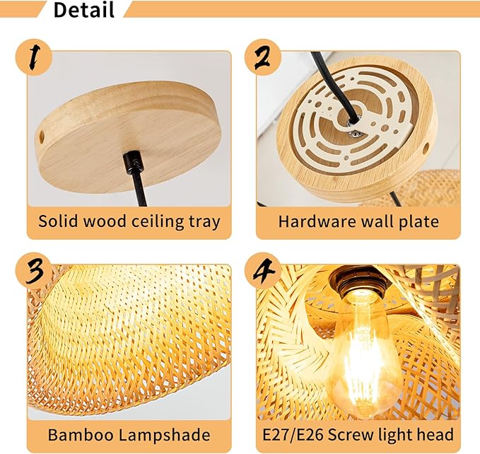 23.6inch Bamboo Rattan Pendant Light, Hand-Woven Wicker Boho Hanging Ceiling Light Fixture, Beige Pendant Lamp Rustic Farmhouse Chandelier for Kitchen Island, Dining Room, Bedroom, Living Room