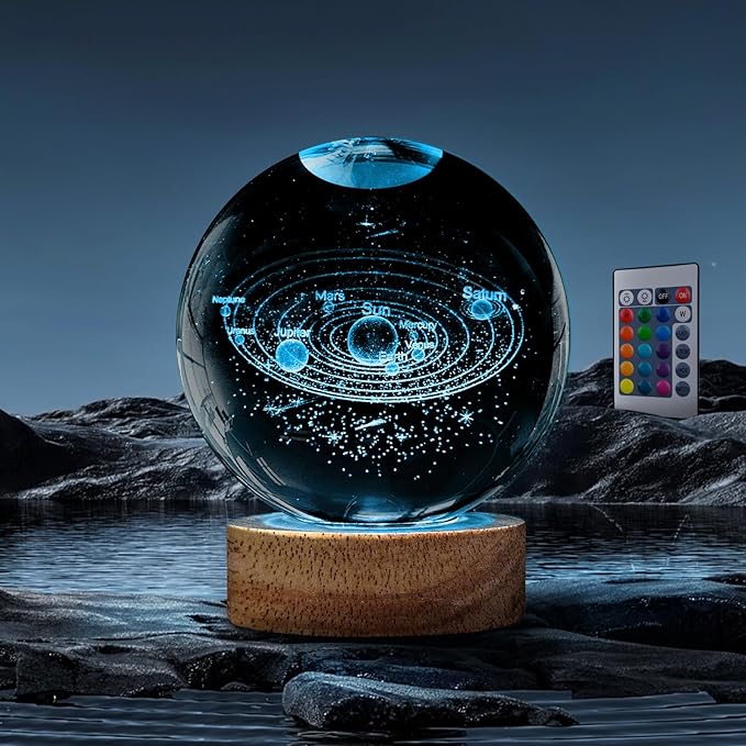 3D Solar System Crystal Ball Night Light,3.15in k9 Crystal Ball Lamp with 16 Colors Change,Wooden Base and Remote Control Decor Gifts for Kids (Solar System)