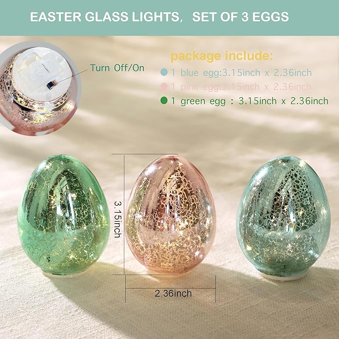 Easter Eggs Decoration Handcrafted Glass Egg Light for Nursery Egg Night Light Battery Operated Ideal Easter Table Decorations (Set of 3)