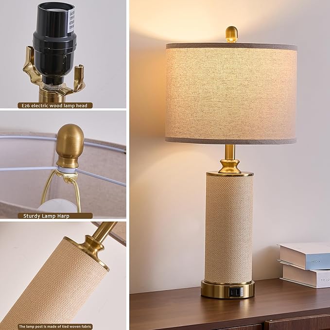 Gold Boho Farmhouse Rattan Table Lamps set of 2, Touch Control desk Lamps, 3 Way Dimmable Grass Rope Large BedsideTable Lamp with Usb A+C for Living Room/Bedroom/Office(2 LED Bulbs Included)