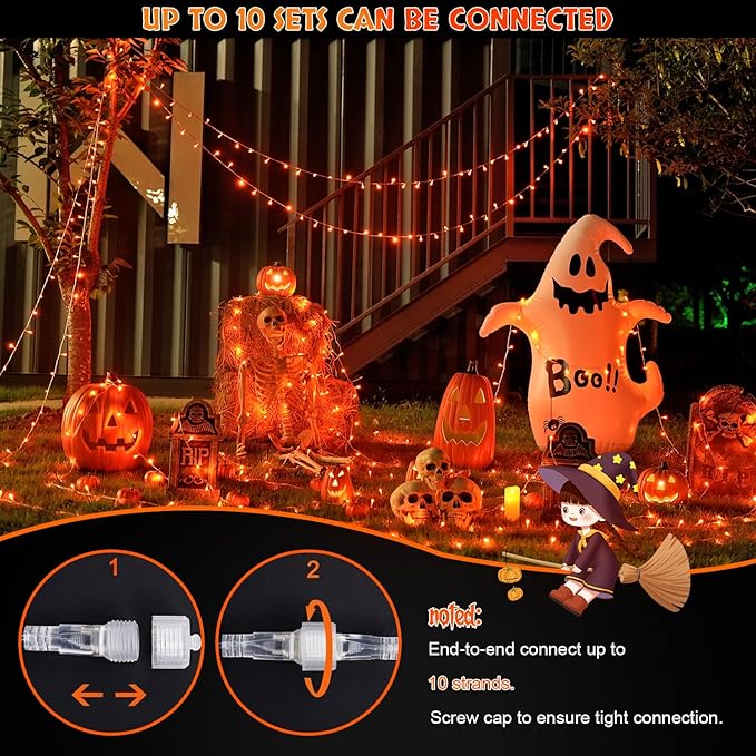 JMEXSUSS 2 Pack 100 LED Orange Halloween Lights Outdoor, 33ft Connectable Orange String Lights for Halloween Indoor with 8 Modes, Clear Wire Fall Lights Plug in for Thanksgiving Christmas Decorations