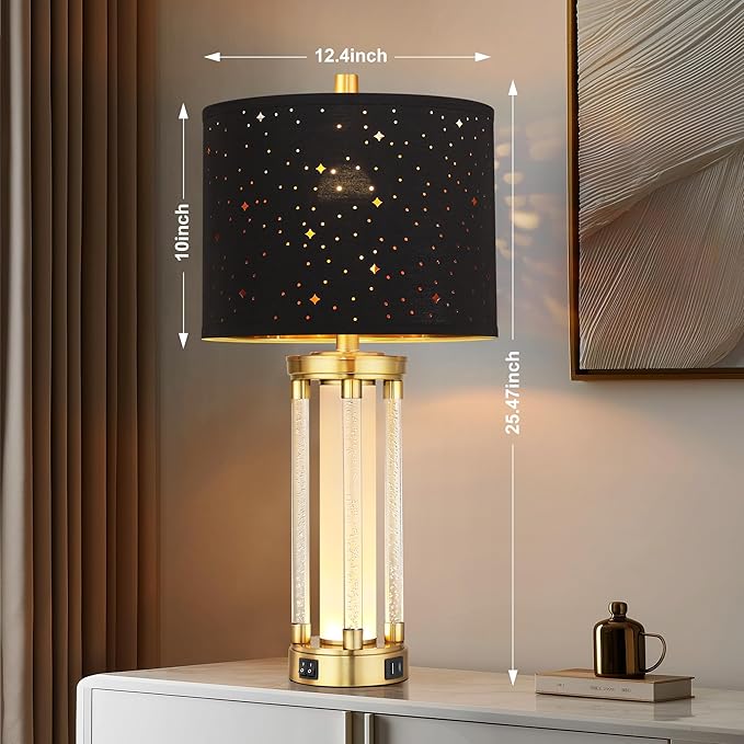 QiMH Gold Table Lamps Set of 2 with USB A+C Ports, Morden Bedside Lamps with Night Light, Unique Star Hallow Black Shade Lamp for Night Stands, Lamps for Bedroom, Office and End Tables(Bulb Included)