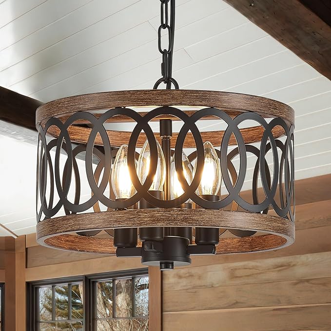 4-Light Farmhouse Drum Pendant Light,12.56'' Nature Wood Texture Vintage Rustic Chandeliers Black Metal Industrial Hanging Light Fixtures for Entryway, Bedroom Dining Room