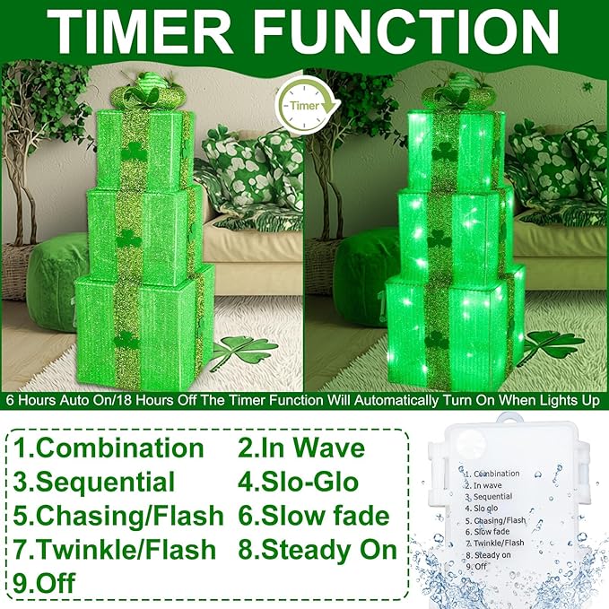 Timer & 8 Mode 3 Pack St Patricks Day Decorations Lighted Gift Boxes with 3D Shamrocks 60 LED Glitter Tinsel St Patrick's Day Decor Battery Operated Light Up Clover Present for Outdoor Home Room Decor