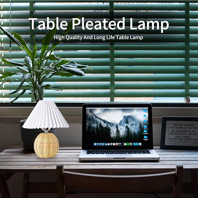 Korean Pleated Table Lamp Ins DIY Ceramic Table Lamps for Living Room Home Deco Cute Lamp with Tricolor Led Bulb Beside Lamp… Rattan and White