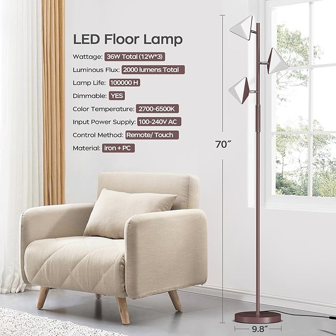 LED Tree Floor Lamp, 36W Dimmable Tall Standing Lamp with Remote & Touch Control, 2700K-6500K 4 Color Temperatures, 3 Rotatable LED Lights Floor Lamps for Living Room, Bedroom, Office - Brown