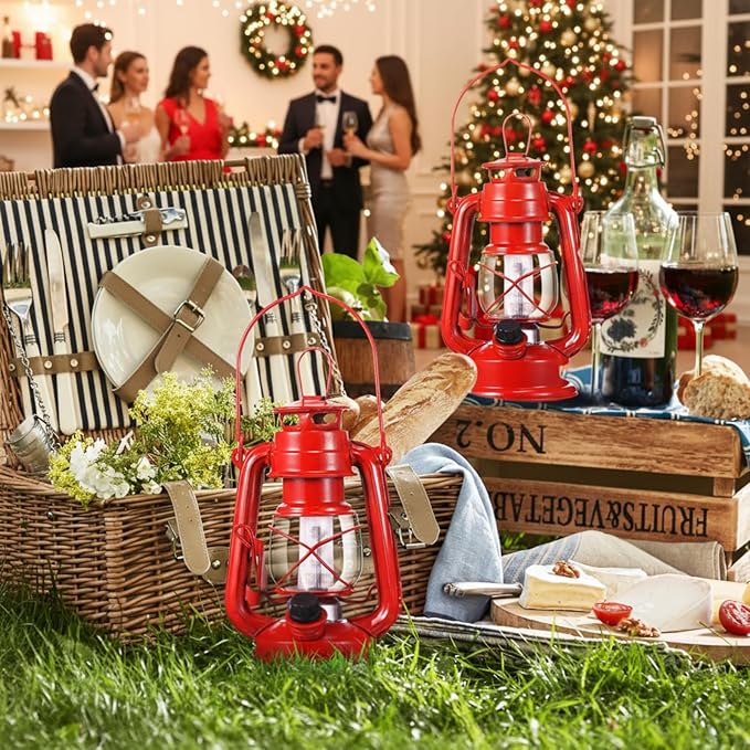 Hortsun 8 Pcs 8 Inch Vintage LED Hurricane Lantern Metal Red Outdoor Battery Operated Hanging Lantern with Warm LEDs and Dimmer Switch for Halloween Christmas Indoor Rustic Farmhouse Camping Decor