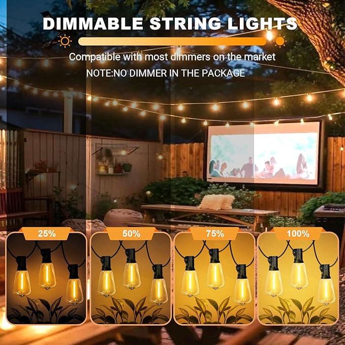 LAMPHOME LED Outdoor String Lights 100FT Patio Lights with 52 Shatterproof ST38 Vintage Edison Bulbs, Outside Hanging Light Waterproof for Porch, Deck, Garden, Backyard, Dimmable 2700K