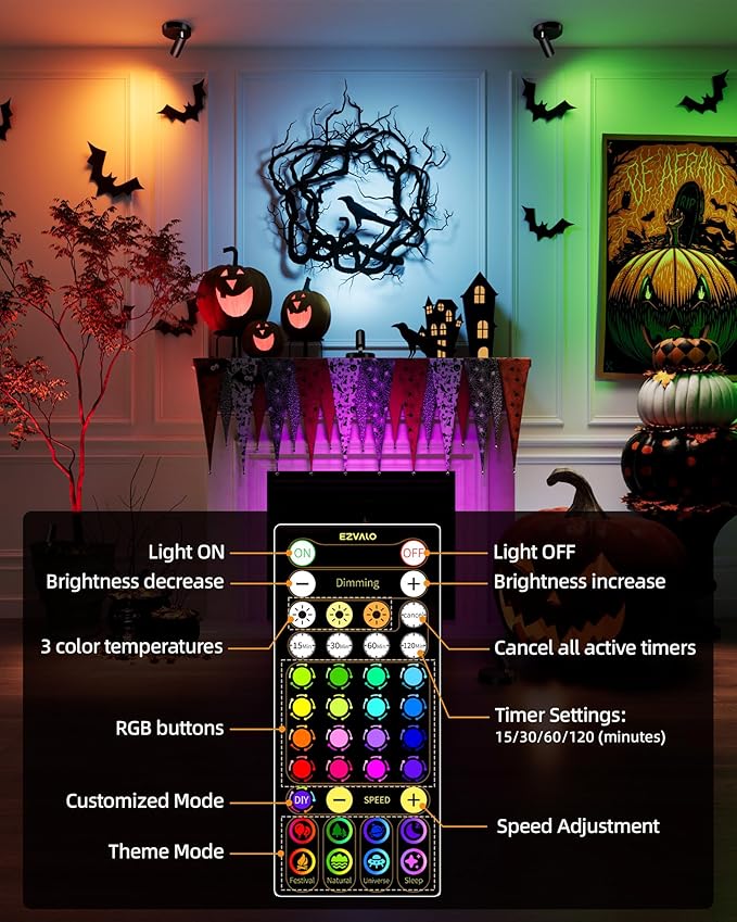 EZVALO RGB Spotlights Indoor with Remote, 5500mAh Rechargeable Picture Lights, DIY Mode & 83 Color Changing Uplighting, Wireless Mini Accent Lighting for Halloween and Christmas (2Pack-Black)