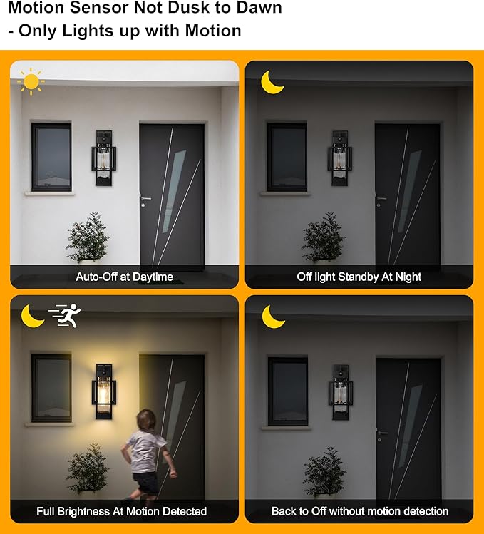 PARTPHONER Modern Motion Sensor Outdoor Wall Lights 2 Pack, 15" Exterior Wall Sconce Waterproof Porch Light, Outside Light for House with Water Glass for Garage Doorway-Only Lights up with Motion