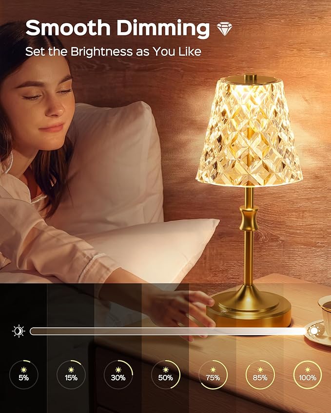 JACKYLED Cordless Lamp Rechargeable, Acrylic Crystal Lampshade, 3 Colors with Built-in Dimmer, 5400mAh Battery Operated, Wireless Lamp for Kitchen Counter Bedroom Living Room