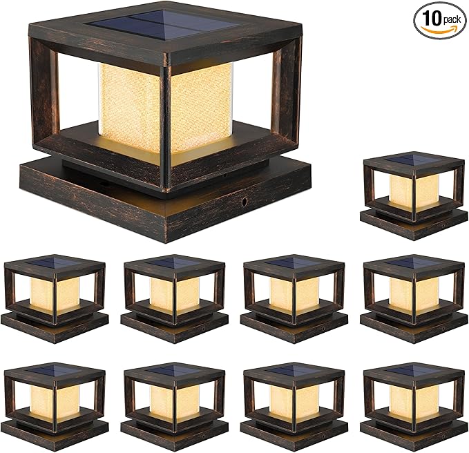 Mlambert 10 Pack Solar Post Lights Outdoor, Waterproof Fence Cap Lights for Deck, 4x4 6x6 Wooden Vinyl Outdoor Light with Shinning Effect, Brown