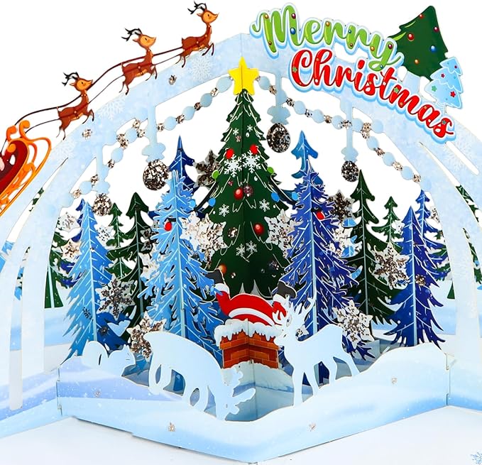 FaCraft Musical Christmas Cards, with Lights and Music, 15.4 x 10.4 inch Handmade 3D Large Pop Up Christmas Card, with Envelope Blank Insert and Seal for Winter Holidays New Year (Woodland)