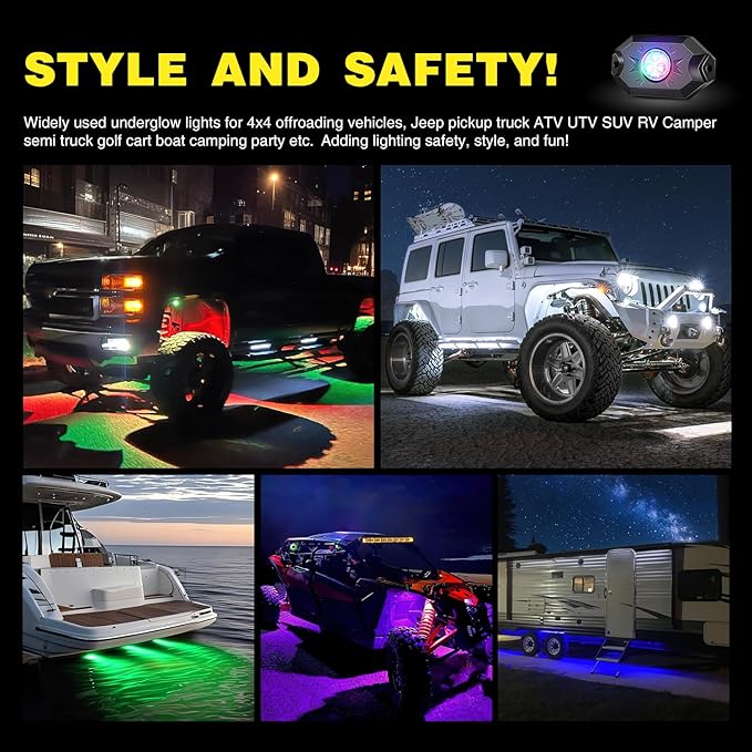 Nilight RGB LED Rock Lights Kit, 4 pods Underglow Multicolor Neon Light Pod with Bluetooth App Control Flashing Music Mode Wheel Well Light for Truck ATV UTV RZR SUV