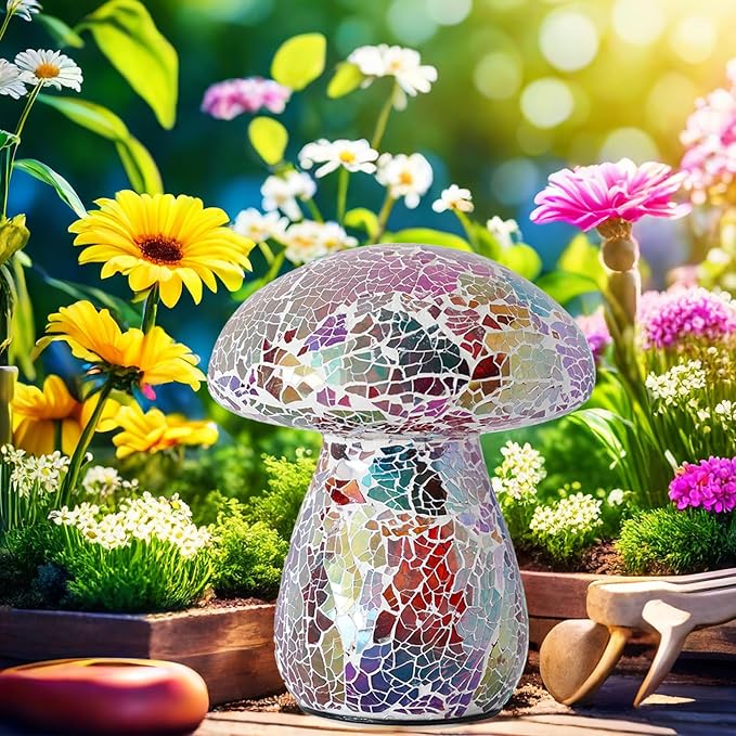 Mosaic Mushroom Garden Lights - Table Lamp Outdoor Decor Waterproof Night Light Lawn Decor Statue for Patio, Party, Yard (Red)