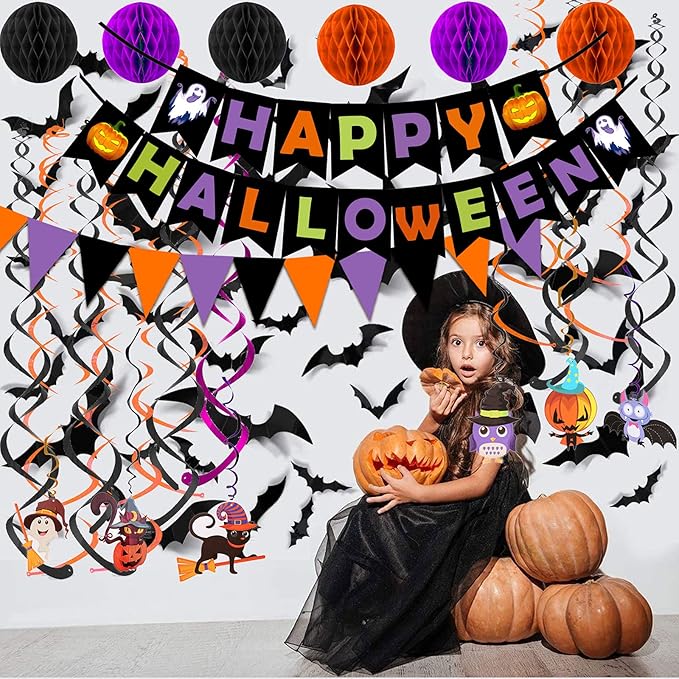 Happy Halloween Banner Paper Triangle Flag Bunting Circle Confetti Dots Hanging Garland Honeycomb Ball Swirl Streamers for Halloween Party Decorations