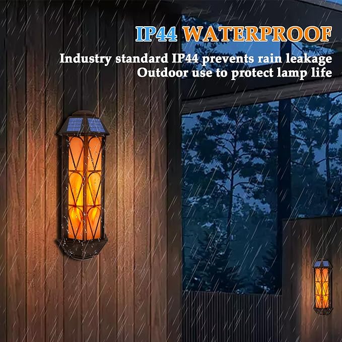 Solar Flame Wall Sconce Lights Outdoor, 74 LED Flickering Flame Sconces, Solar Powered Auto On/Off, Waterproof Wall Lanterns for House Garage Doorway Garden Porch Patio Yard Decoration (2 Pack)