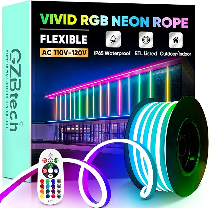 GZBtech RGB LED Neon Rope Lights 16.4FT/5M, AC 110-120V Waterproof Color Changing LED Rope with Remote Control, Dimmable Multi Color Strip Lighting for Indoor Outdoor Commercial Use, ETL Listed
