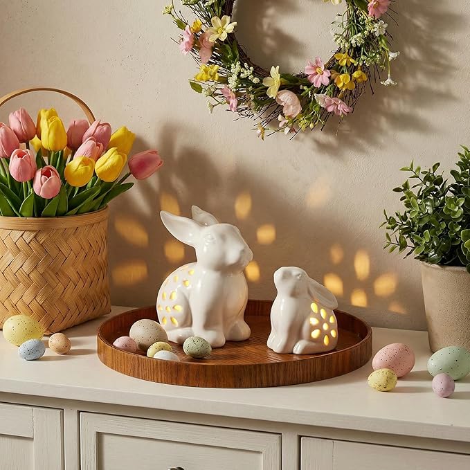 2 Pcs Easter Decorations LED Lighted Ceramic Bunny Figurines Light Up Bunny Statue with Cutouts Mother and Baby Rabbit Decor, White Easter Spring Home Decor for Tabletop Centerpiece Gifts