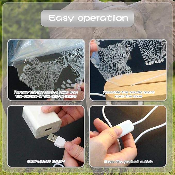 Elephant Shape 3D Crystal Acrylic Light with Wood Stand, LED Night Light for Kids Room Decor, Gift for Mom on Birthday or Holiday, Home Decor Art Display