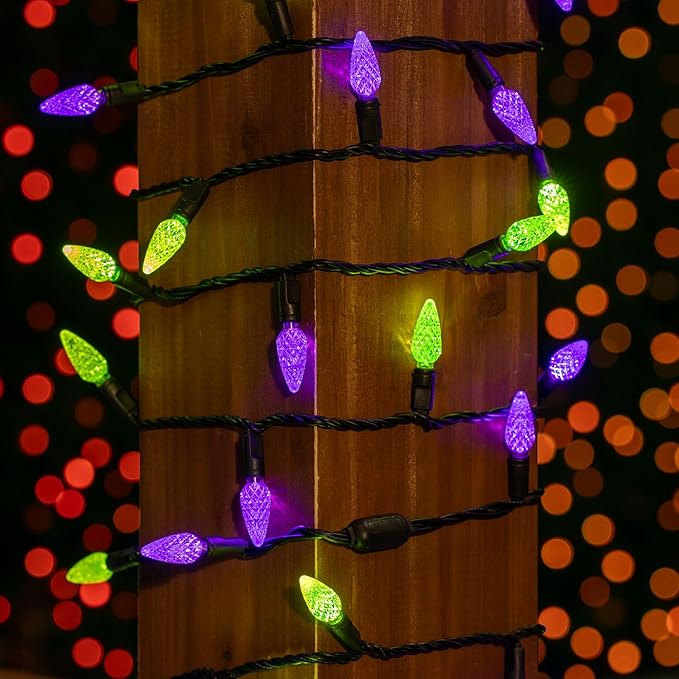 ‎‎‎Novelty Lights 24FT 70 LED C6 LED Halloween String Lights, Outdoor Christmas Tree Commercial Grade LED String Lights, Christmas Lights Outdoor Tree Decorations Outdoor (Purple/Lime)