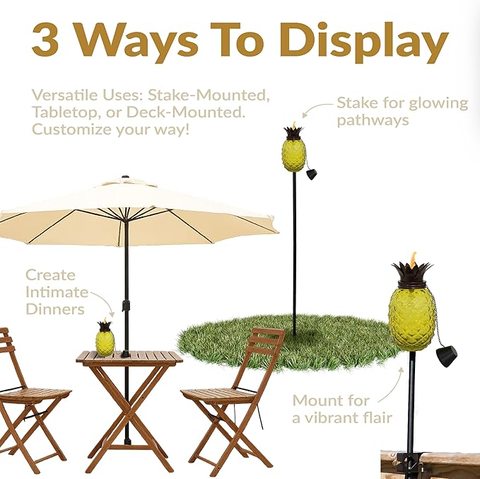 Sunnydaze Tropical Pineapple Glass Patio Torches Set of 2 - 23 to 63-Inch Outdoor Lawn Torch, Garden, Deck & Backyard - Yellow