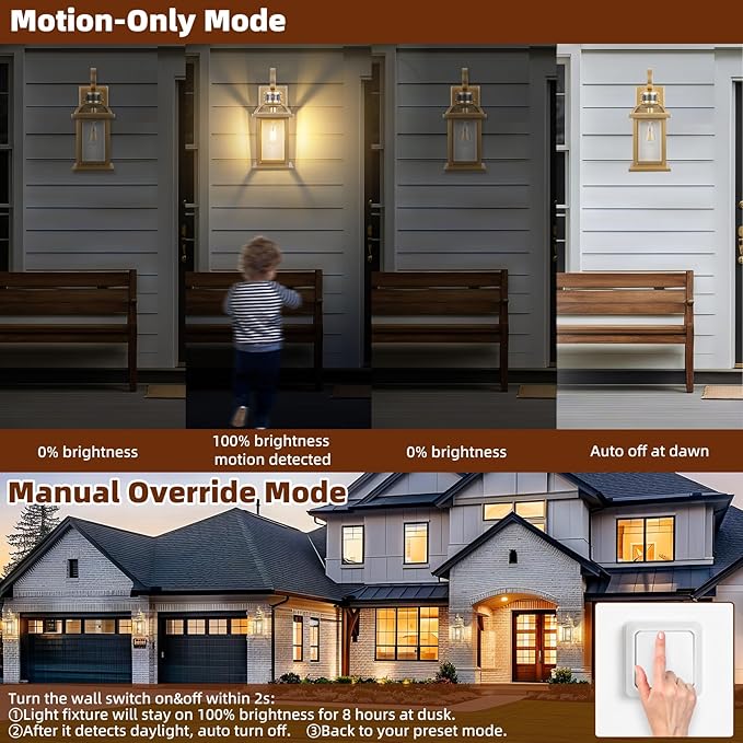 Gold Motion Sensor Outdoor Light Fixtures Dusk to Dawn 2-Pack, 16 Inch Brass Outdoor Wall Sconces Photocell Outside Lights for House Front Porch Lights Carriage Coach Lights Courtyard