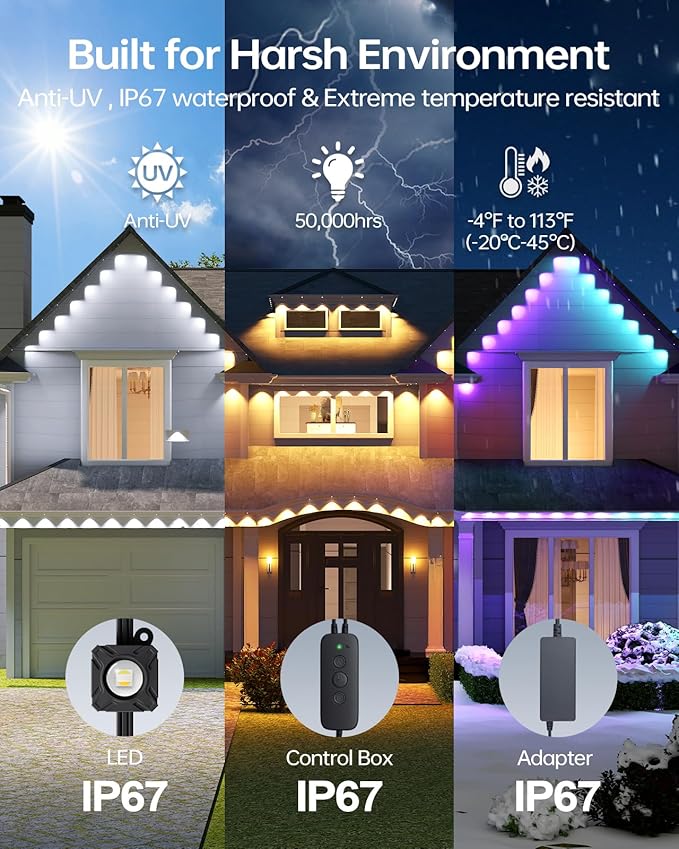 ASAHOM Permanent Outdoor Lights Pro S108D, 200FT with 144 RGBCW LEDs, WLED Integration, AI Lighting, 30000 Lighting Effect Combination, IP67 Waterproof for Halloween Christmas Daily Decor, Black
