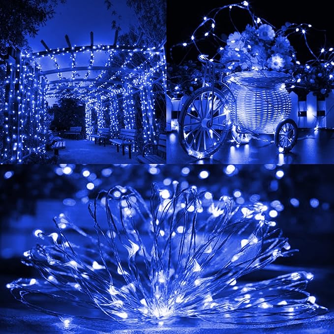 TW SHINE Blue Solar String Lights Outdoor, Total 80 FT 240 LED Solar Powered Waterproof Fairy Lights 8 Modes Copper Wire Lights for Christmas Party Tree Wedding Yard Decorations, 2 Pack