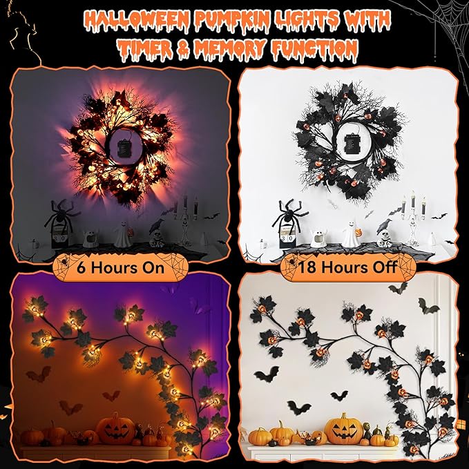 6 FT 54 LED Halloween Lights, 8 Modes & Timer Battery Operated Halloween Pumpkins Lights with Willow Vine Twig Garland, 3D Waterproof Decorations Lights for Home Indoor Wall Fireplace Mantle Party