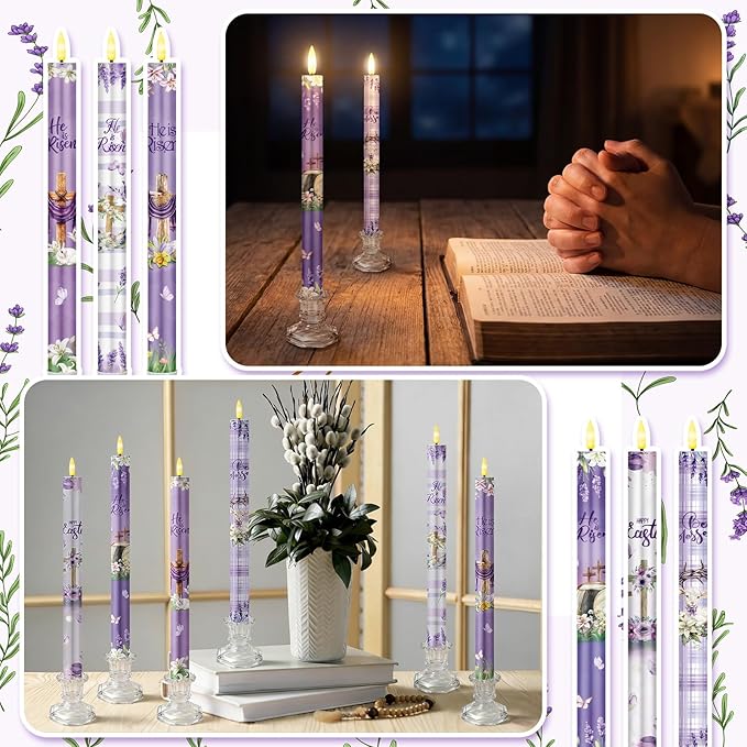 6 Pcs Easter Flameless Candle Set He is Risen LED Flameless Taper Lent Candles with Battery Operated Purple Cross Christian Celebration Candles with Remote for Easter Spring Home Decor Gifts