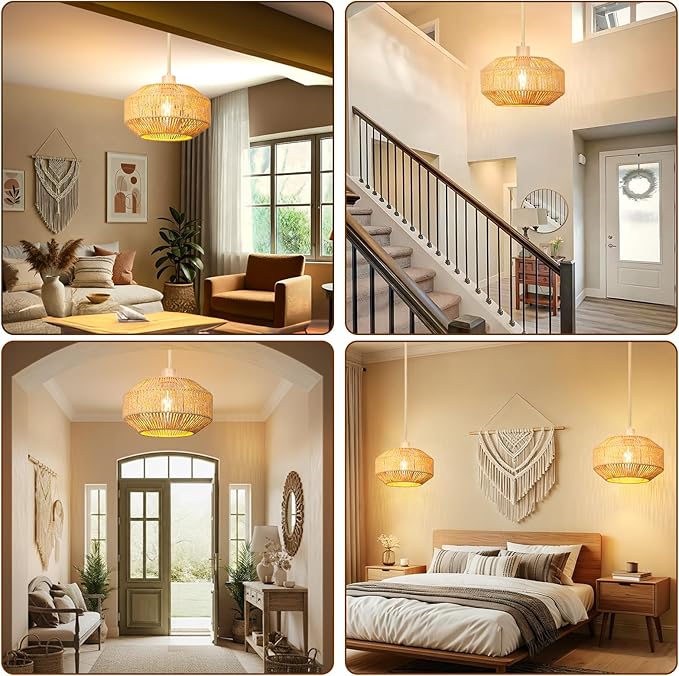 Rattan Pendant Light Plug in - 15ft Hanging Lamp Cord with Switch, Boho Hanging Light Fixture, Handwoven Boho Lamp for Living Room, Bedroom, Kitchen Island, Hallway (3 Brightness Levels)