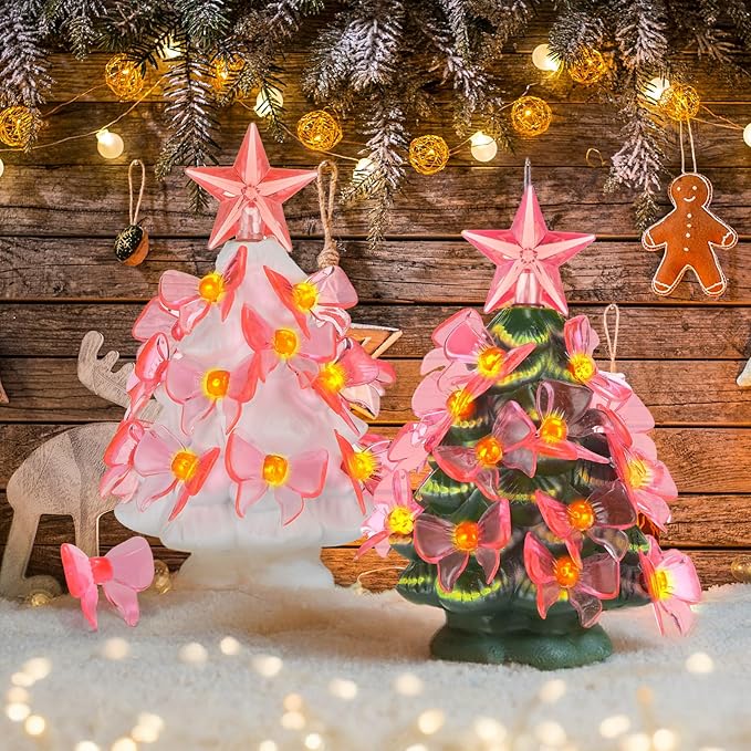 Soulchen 200 Pcs Ceramic Christmas Tree Replacement Lights Bulbs Acrylic Pink Bow Light Pegs Ornaments for Christmas Tabletop Ceramic Tree Decoration